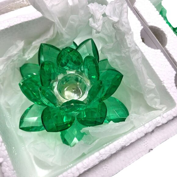 Shannon Crystal Emerald Green Crystal Lotus Candle Holders Godinger NIB JJ3973 - Picture 8 of 15